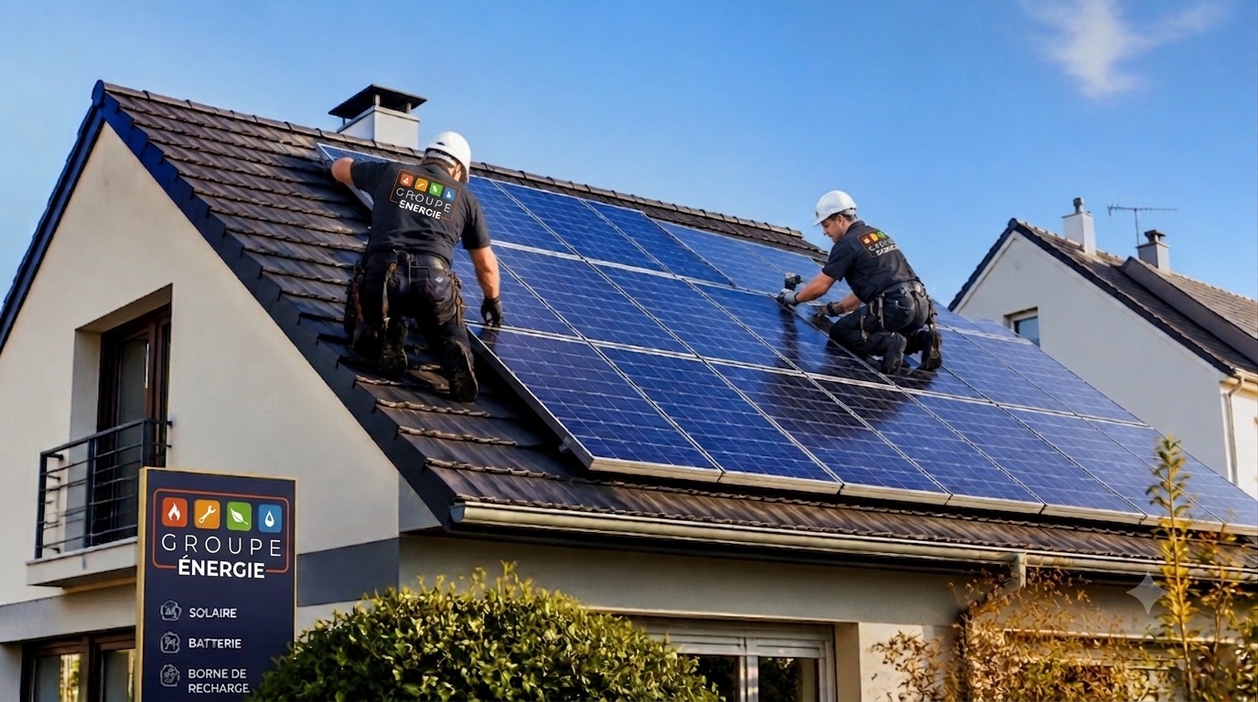Techniciens Groupe Énergie installant des panneaux solaires sur une toiture